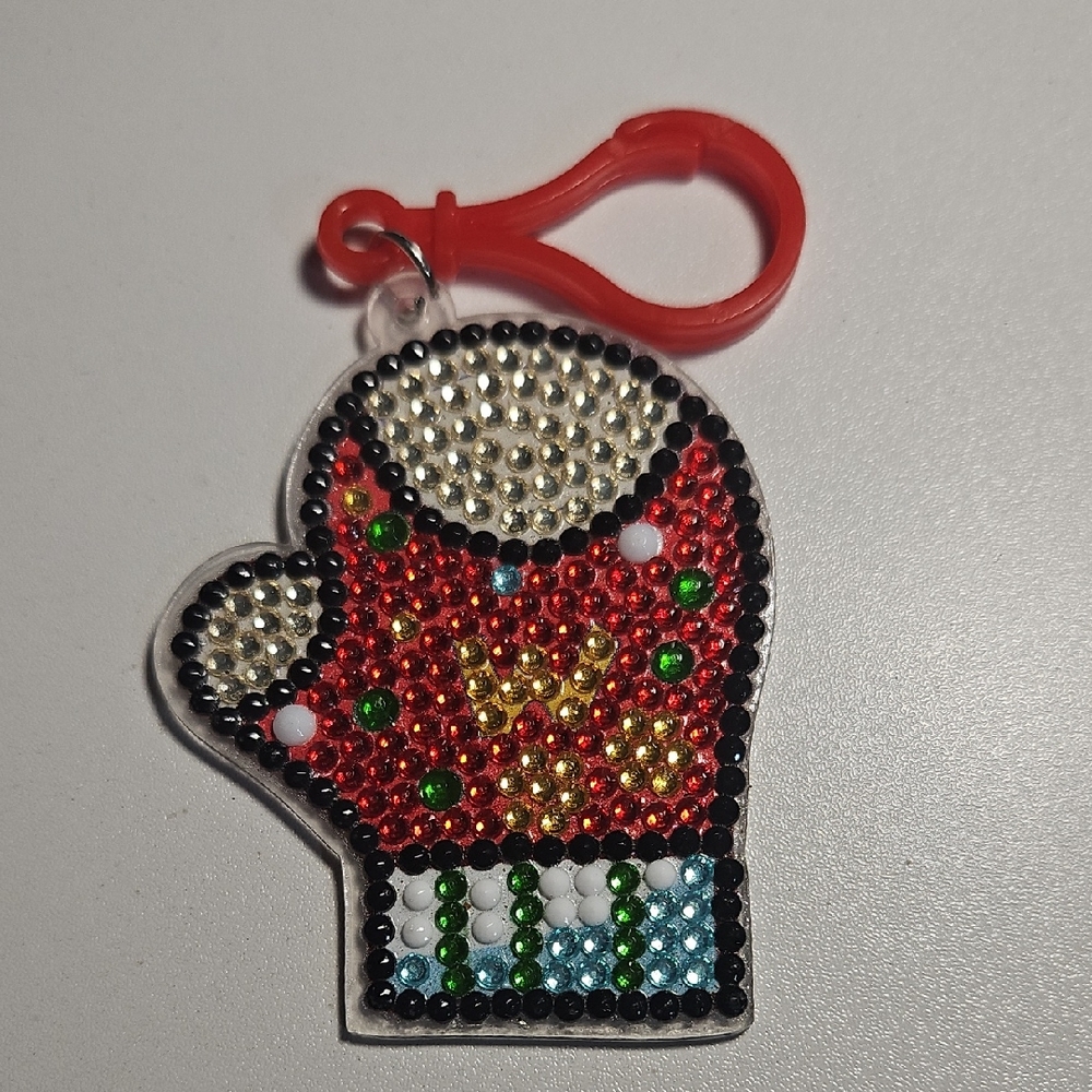 Festive Rhinestone Mitten Keychain Diamond Art Style